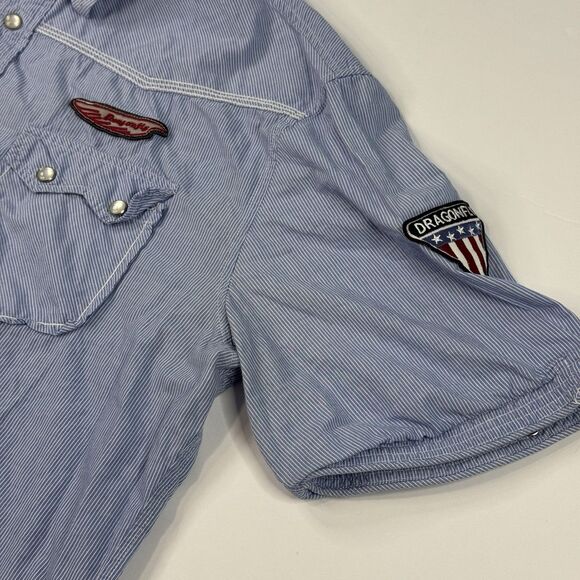Dragonfly Mens Y2K Patched AOP Button Down Shirt Blue Stripe Pearl Snap‎ Size L - Picture 3 of 9